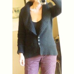 Benetton Black Fuzzy Mohair Blend Knit Large Shawl Collar Cardigan Hi-lo hem M-L